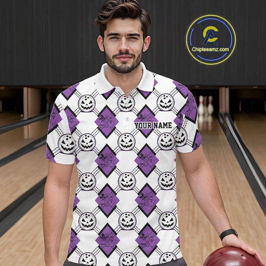 Custom Cute Funny White And Purple Halloween Bowling Argyle Pattern Men Polo Shirt IPHW11918