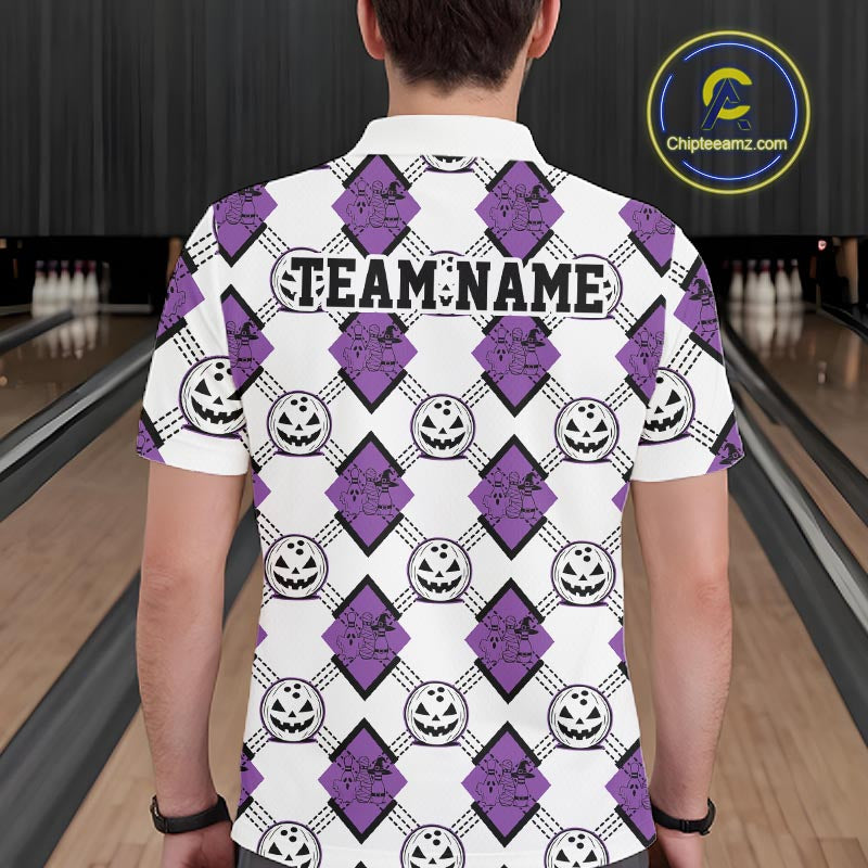 Custom Cute Funny White And Purple Halloween Bowling Argyle Pattern Men Polo Shirt IPHW11918
