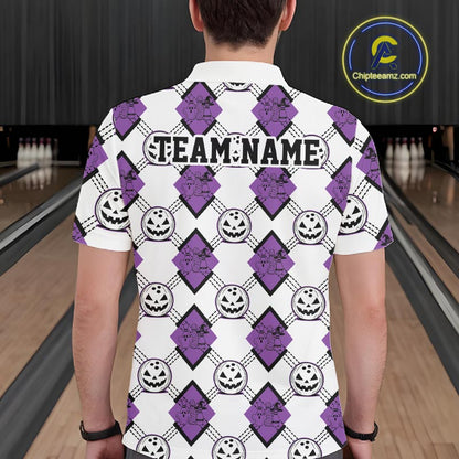 Custom Cute Funny White And Purple Halloween Bowling Argyle Pattern Men Polo Shirt IPHW11918