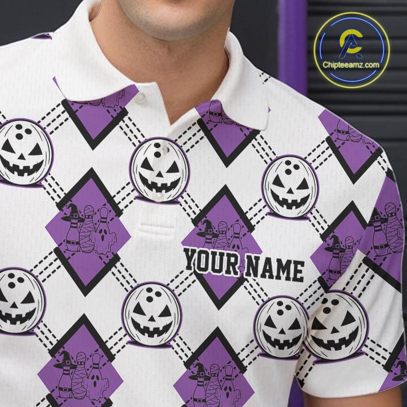 Custom Cute Funny White And Purple Halloween Bowling Argyle Pattern Men Polo Shirt IPHW11918