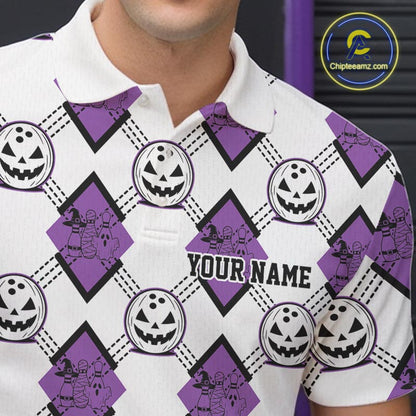 Custom Cute Funny White And Purple Halloween Bowling Argyle Pattern Men Polo Shirt IPHW11918