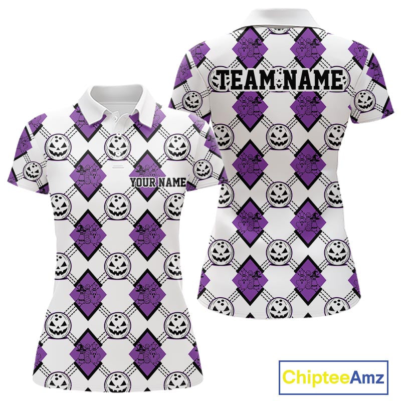 Custom Cute Funny White And Purple Halloween Bowling Argyle Pattern Women Polo Shirt IPHW11918