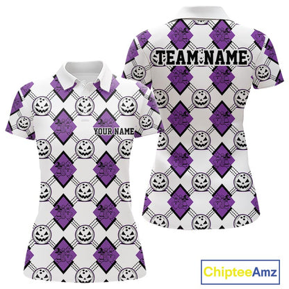 Custom Cute Funny White And Purple Halloween Bowling Argyle Pattern Women Polo Shirt IPHW11918