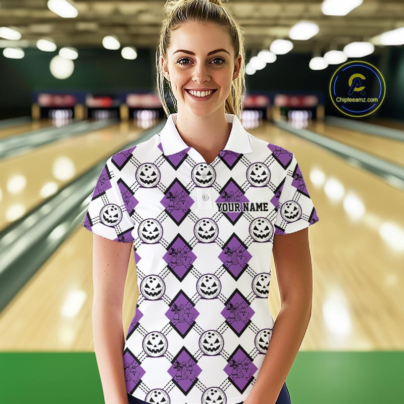 Custom Cute Funny White And Purple Halloween Bowling Argyle Pattern Women Polo Shirt IPHW11918