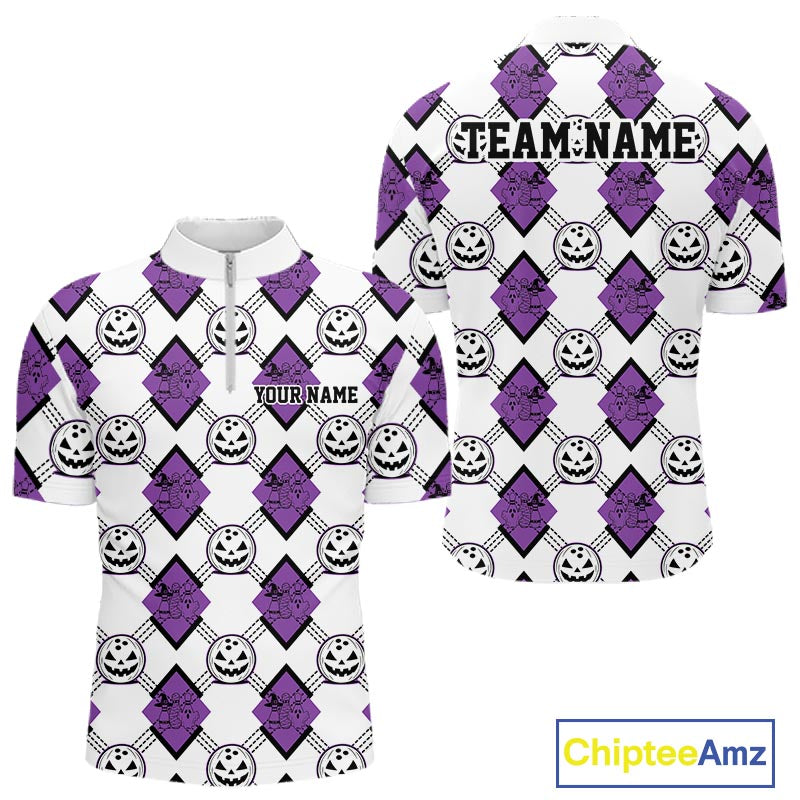 Custom Cute Funny White And Purple Halloween Bowling Argyle Pattern Men Quarter Zip Shirt IPHW11918