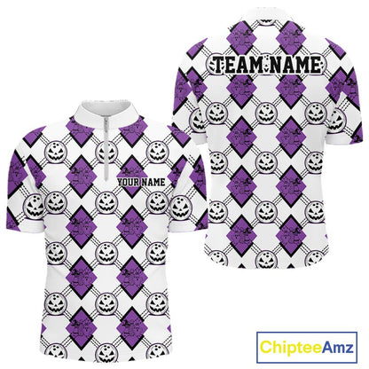 Custom Cute Funny White And Purple Halloween Bowling Argyle Pattern Men Quarter Zip Shirt IPHW11918