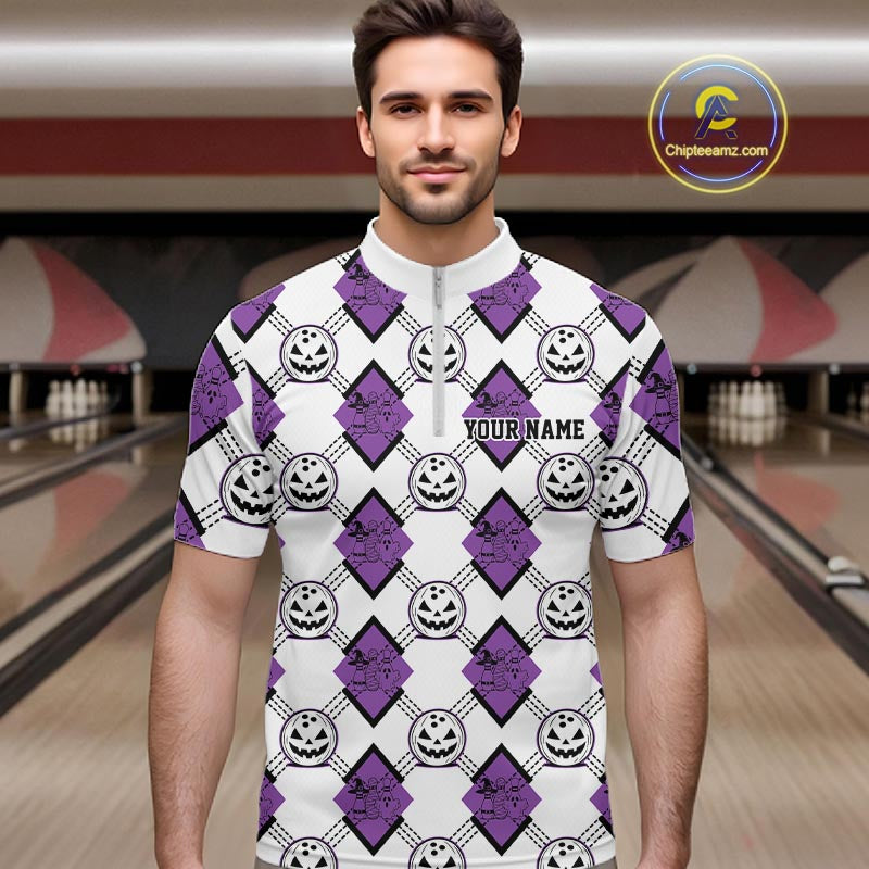 Custom Cute Funny White And Purple Halloween Bowling Argyle Pattern Men Quarter Zip Shirt IPHW11918