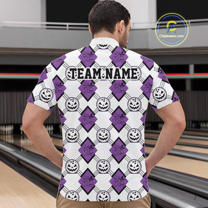 Custom Cute Funny White And Purple Halloween Bowling Argyle Pattern Men Quarter Zip Shirt IPHW11918