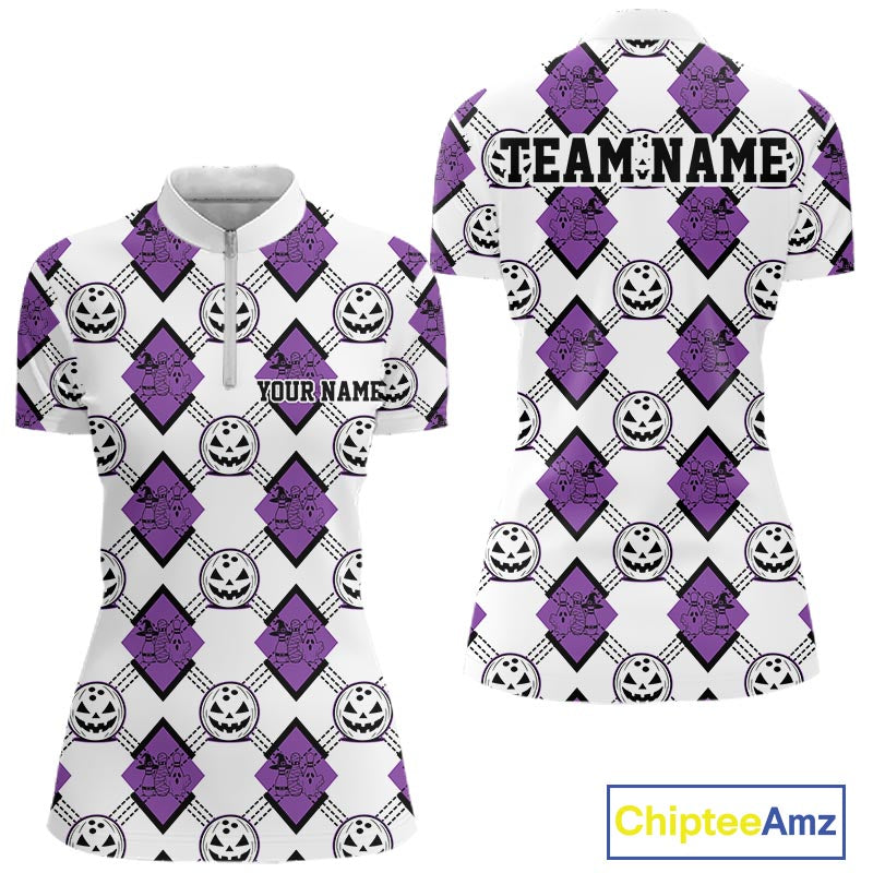 Custom Cute Funny White And Purple Halloween Bowling Argyle Women Quarter-Zip Shirt IPHW11918