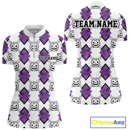 Custom Cute Funny White And Purple Halloween Bowling Argyle Women Quarter-Zip Shirt IPHW11918
