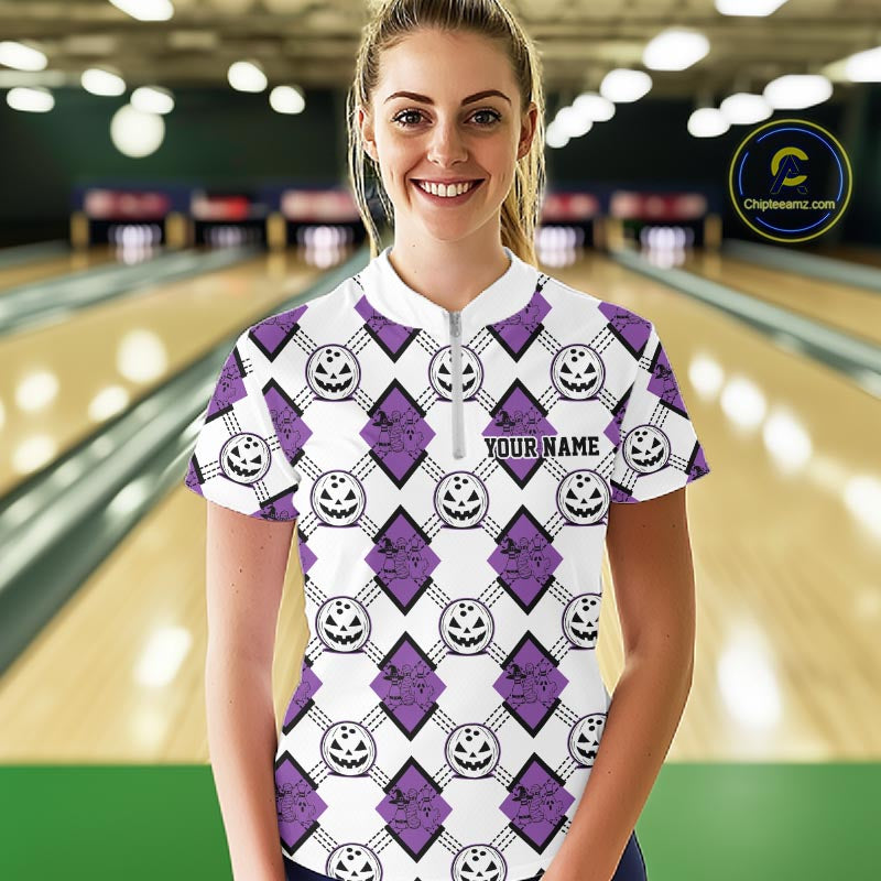 Custom Cute Funny White And Purple Halloween Bowling Argyle Women Quarter-Zip Shirt IPHW11918