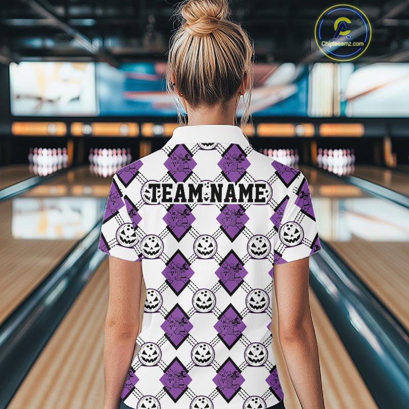 Custom Cute Funny White And Purple Halloween Bowling Argyle Women Quarter-Zip Shirt IPHW11918