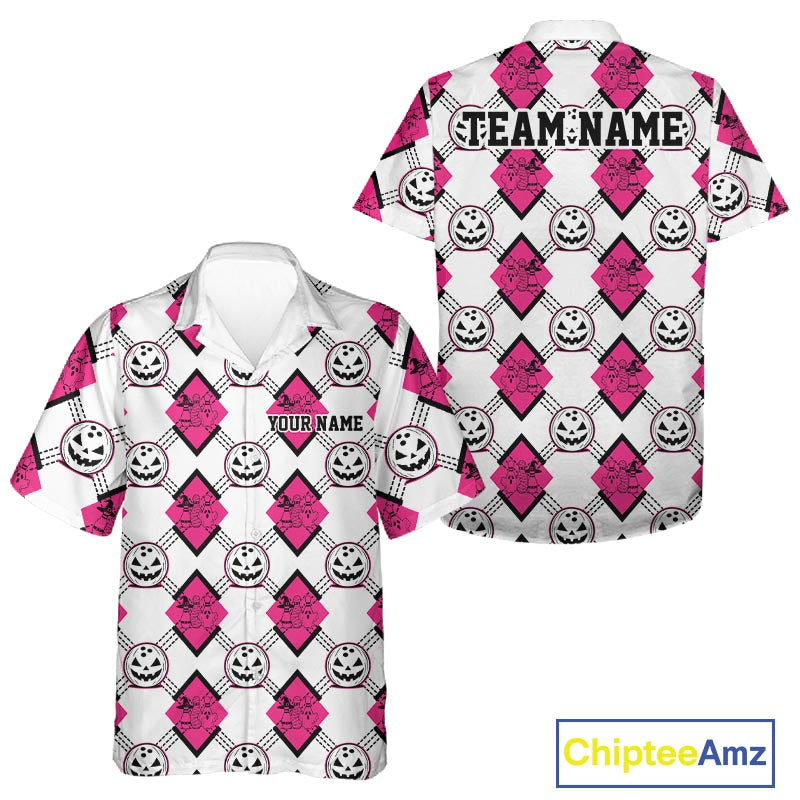 Custom Cute Funny White And Pink Halloween Bowling Argyle Pattern Men And Women Button Up Shirt IPHW11919