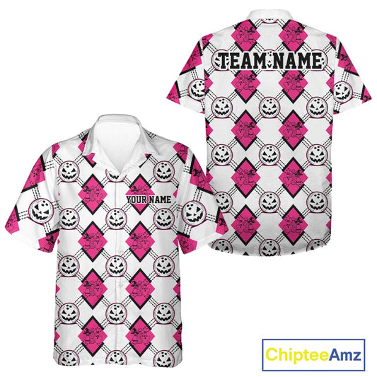 Custom Cute Funny White And Pink Halloween Bowling Argyle Pattern Men And Women Button Up Shirt IPHW11919