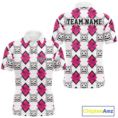 Custom Cute Funny White And Pink Halloween Bowling Argyle Pattern Men Polo Shirt IPHW11919