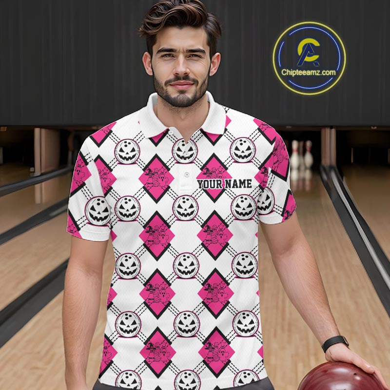 Custom Cute Funny White And Pink Halloween Bowling Argyle Pattern Men Polo Shirt IPHW11919