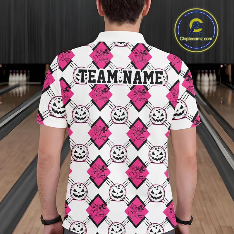 Custom Cute Funny White And Pink Halloween Bowling Argyle Pattern Men Polo Shirt IPHW11919