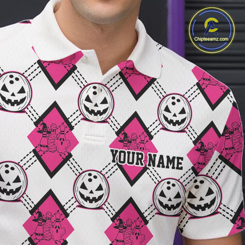 Custom Cute Funny White And Pink Halloween Bowling Argyle Pattern Men Polo Shirt IPHW11919