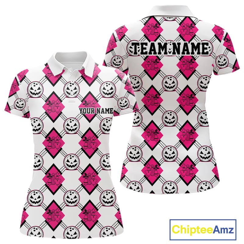 Custom Cute Funny White And Pink Halloween Bowling Argyle Pattern Women Polo Shirt IPHW11919