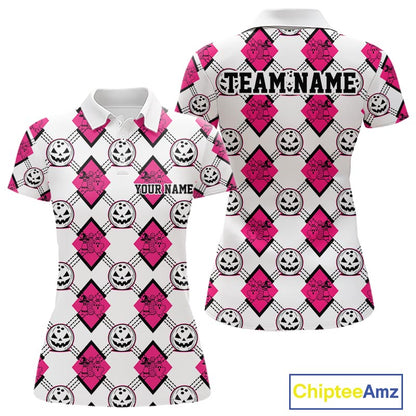 Custom Cute Funny White And Pink Halloween Bowling Argyle Pattern Women Polo Shirt IPHW11919