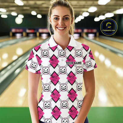 Custom Cute Funny White And Pink Halloween Bowling Argyle Pattern Women Polo Shirt IPHW11919