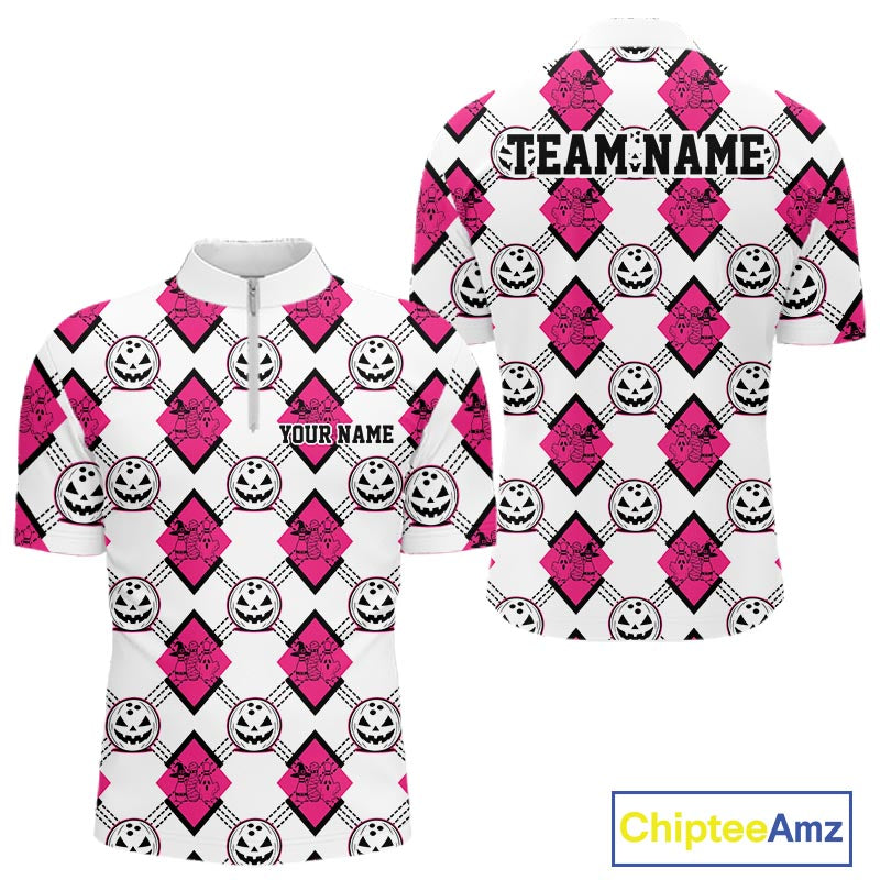 Custom Cute Funny White And Pink Halloween Bowling Argyle Pattern Men Quarter Zip Shirt IPHW11919