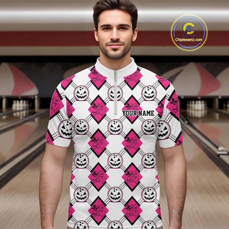 Custom Cute Funny White And Pink Halloween Bowling Argyle Pattern Men Quarter Zip Shirt IPHW11919