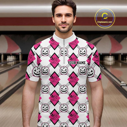 Custom Cute Funny White And Pink Halloween Bowling Argyle Pattern Men Quarter Zip Shirt IPHW11919
