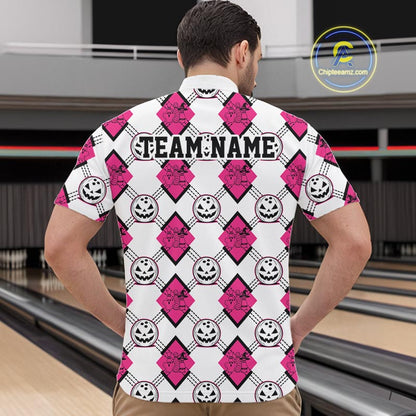 Custom Cute Funny White And Pink Halloween Bowling Argyle Pattern Men Quarter Zip Shirt IPHW11919