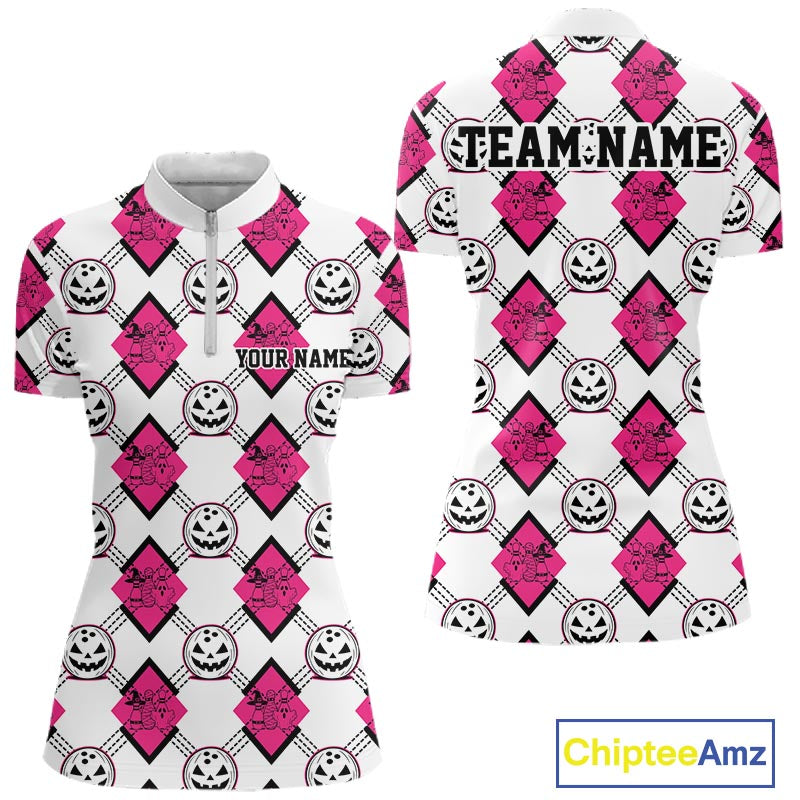 Custom Cute Funny White And Pink Halloween Bowling Argyle Women Quarter-Zip Shirt IPHW11919