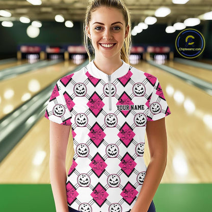 Custom Cute Funny White And Pink Halloween Bowling Argyle Women Quarter-Zip Shirt IPHW11919
