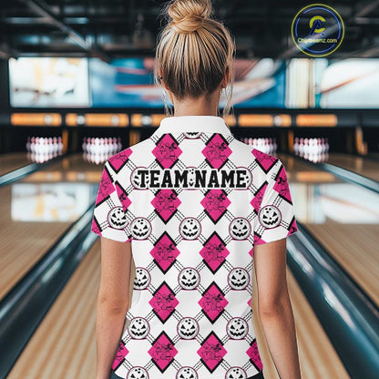 Custom Cute Funny White And Pink Halloween Bowling Argyle Women Quarter-Zip Shirt IPHW11919