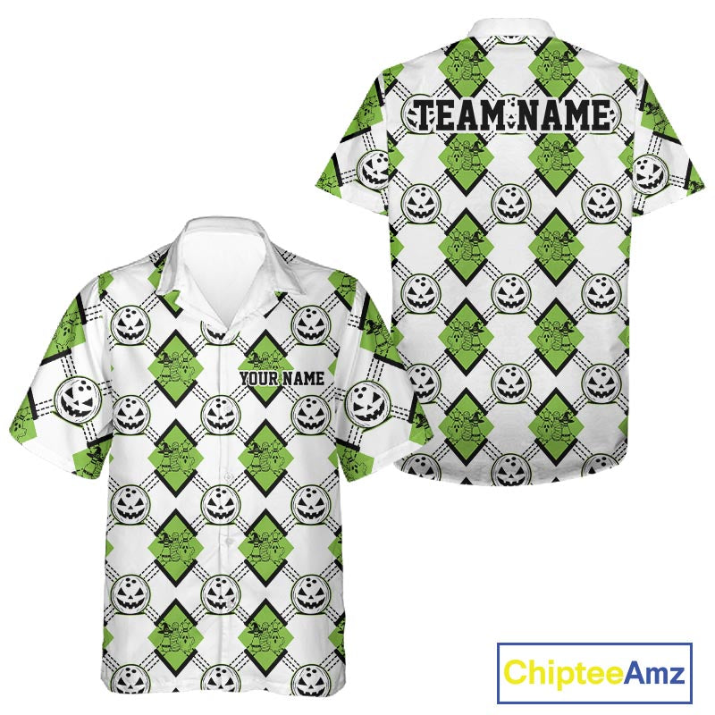Custom Cute Funny Avocado Green Halloween Bowling Argyle Pattern Men And Women Button Up Shirt IPHW11920