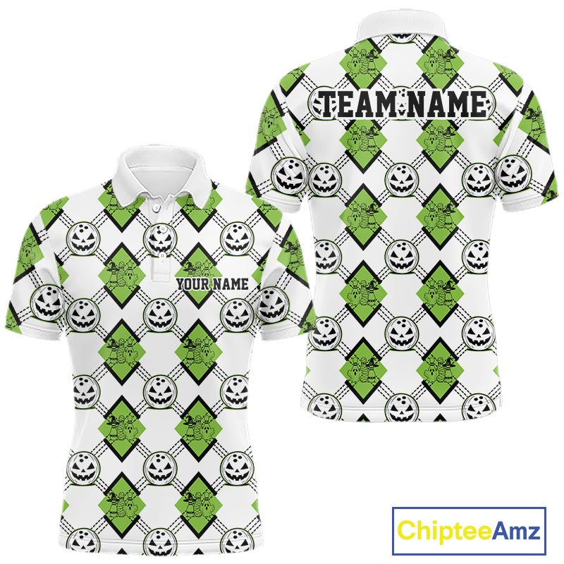 Custom Cute Funny Avocado Green Halloween Bowling Argyle Pattern Men Polo Shirt IPHW11920