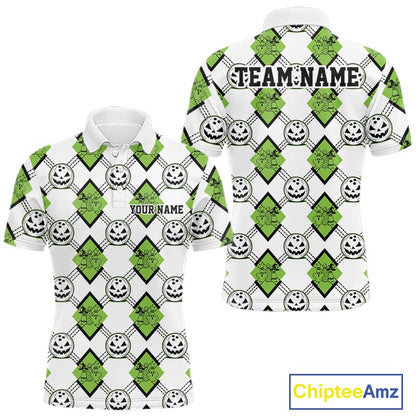 Custom Cute Funny Avocado Green Halloween Bowling Argyle Pattern Men Polo Shirt IPHW11920