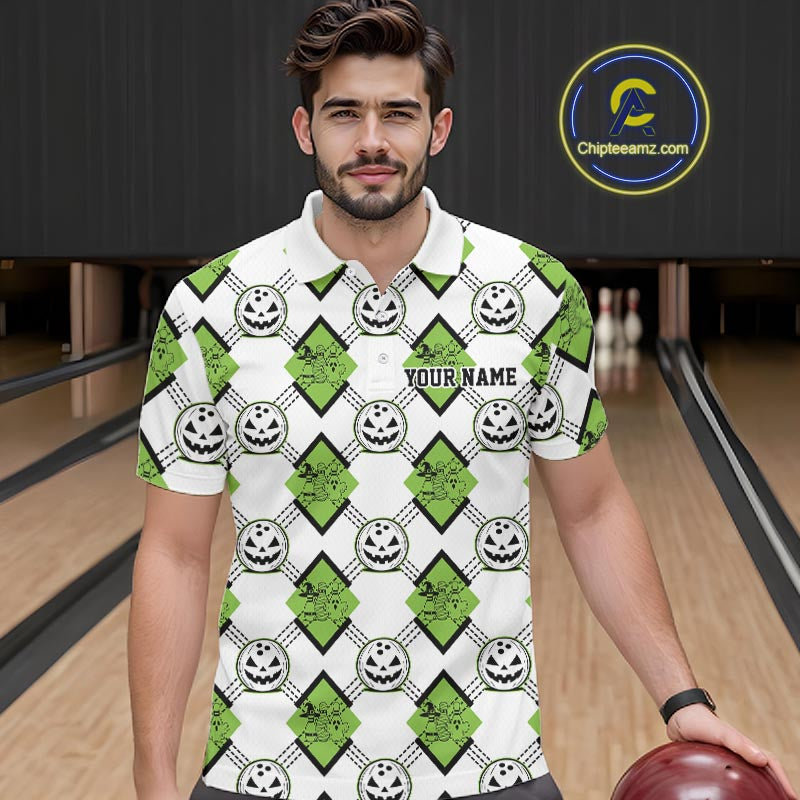 Custom Cute Funny Avocado Green Halloween Bowling Argyle Pattern Men Polo Shirt IPHW11920