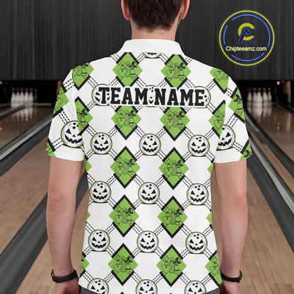 Custom Cute Funny Avocado Green Halloween Bowling Argyle Pattern Men Polo Shirt IPHW11920