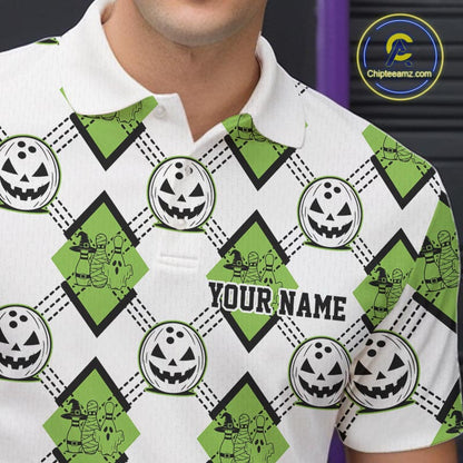 Custom Cute Funny Avocado Green Halloween Bowling Argyle Pattern Men Polo Shirt IPHW11920