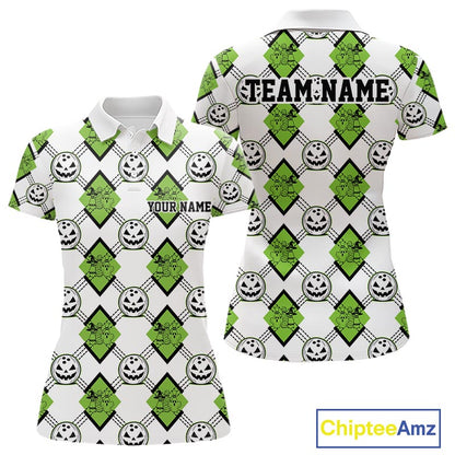 Custom Cute Funny Avocado Green Halloween Bowling Argyle Pattern Women Polo Shirt IPHW11920