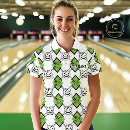 Custom Cute Funny Avocado Green Halloween Bowling Argyle Pattern Women Polo Shirt IPHW11920