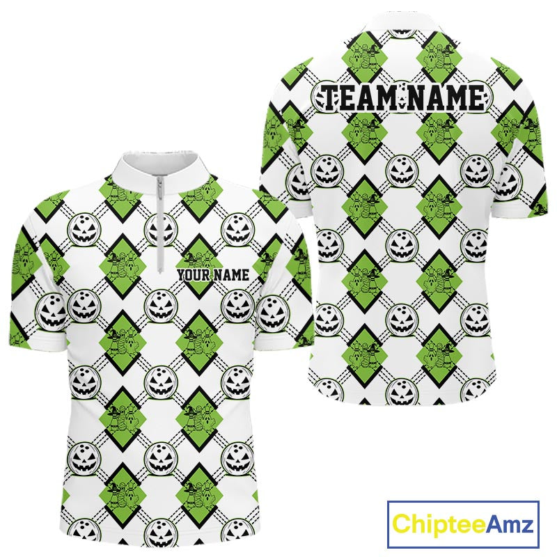 Custom Cute Funny Avocado Green Halloween Bowling Argyle Pattern Men Quarter Zip Shirt IPHW11920