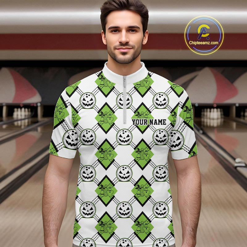 Custom Cute Funny Avocado Green Halloween Bowling Argyle Pattern Men Quarter Zip Shirt IPHW11920