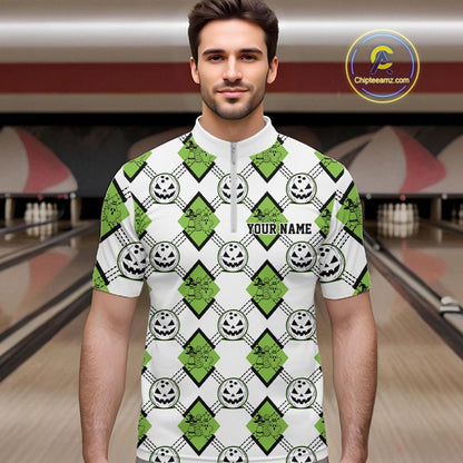 Custom Cute Funny Avocado Green Halloween Bowling Argyle Pattern Men Quarter Zip Shirt IPHW11920