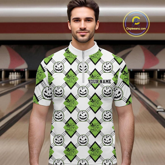Custom Cute Funny Avocado Green Halloween Bowling Argyle Pattern Men Quarter Zip Shirt IPHW11920