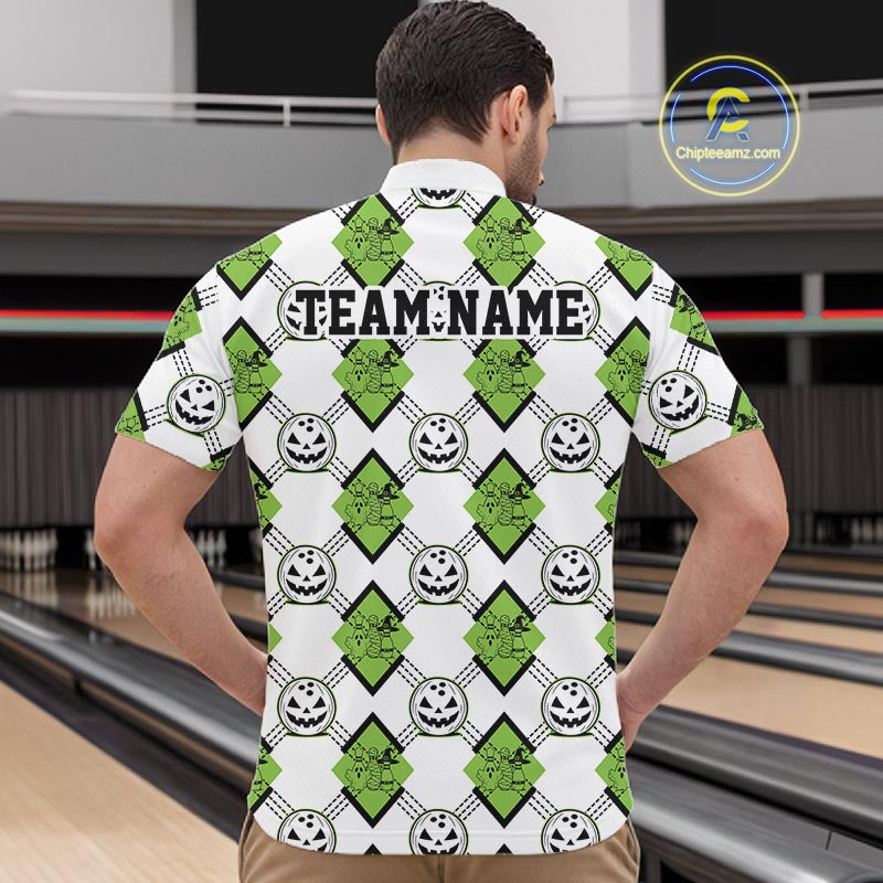 Custom Cute Funny Avocado Green Halloween Bowling Argyle Pattern Men Quarter Zip Shirt IPHW11920