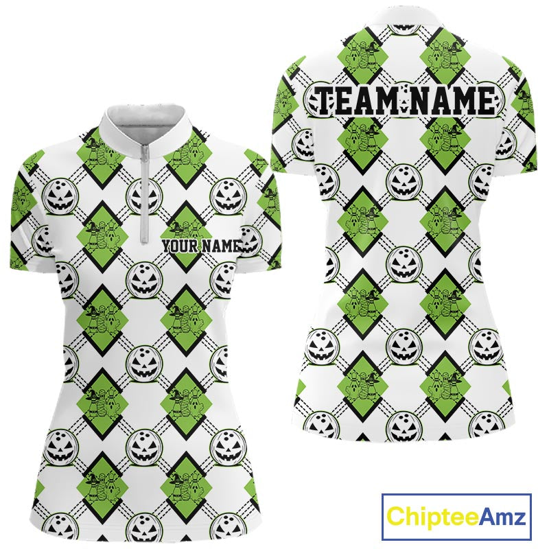Custom Cute Funny Avocado Green Halloween Bowling Argyle Pattern Women Quarter-Zip Shirt IPHW11920