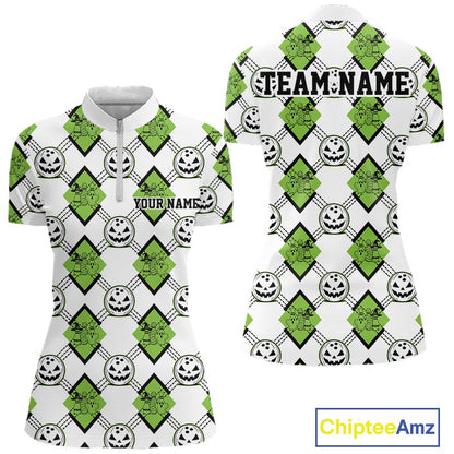 Custom Cute Funny Avocado Green Halloween Bowling Argyle Pattern Women Quarter-Zip Shirt IPHW11920