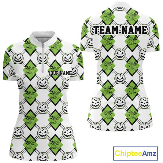 Custom Cute Funny Avocado Green Halloween Bowling Argyle Pattern Women Quarter-Zip Shirt IPHW11920