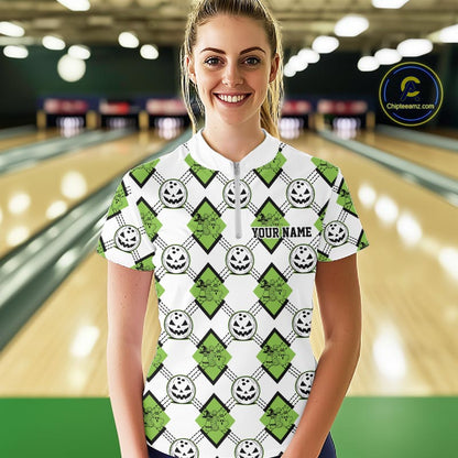 Custom Cute Funny Avocado Green Halloween Bowling Argyle Pattern Women Quarter-Zip Shirt IPHW11920