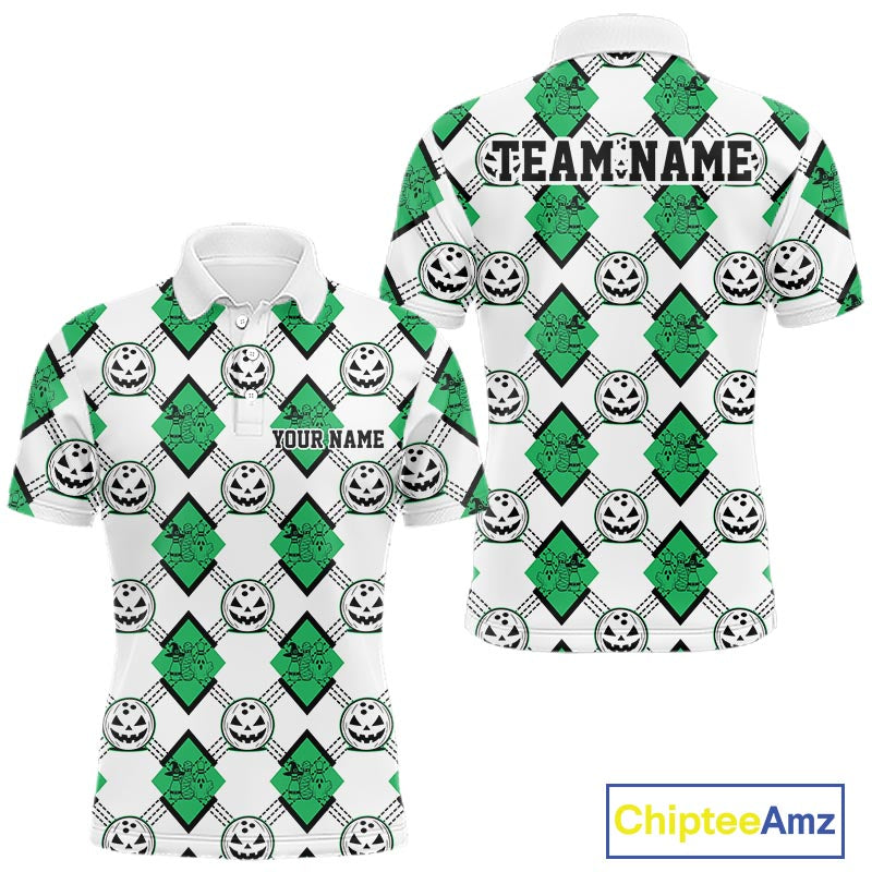 Custom Cute Funny Jade Green Halloween Bowling Argyle Pattern Men Polo Shirt IPHW11921